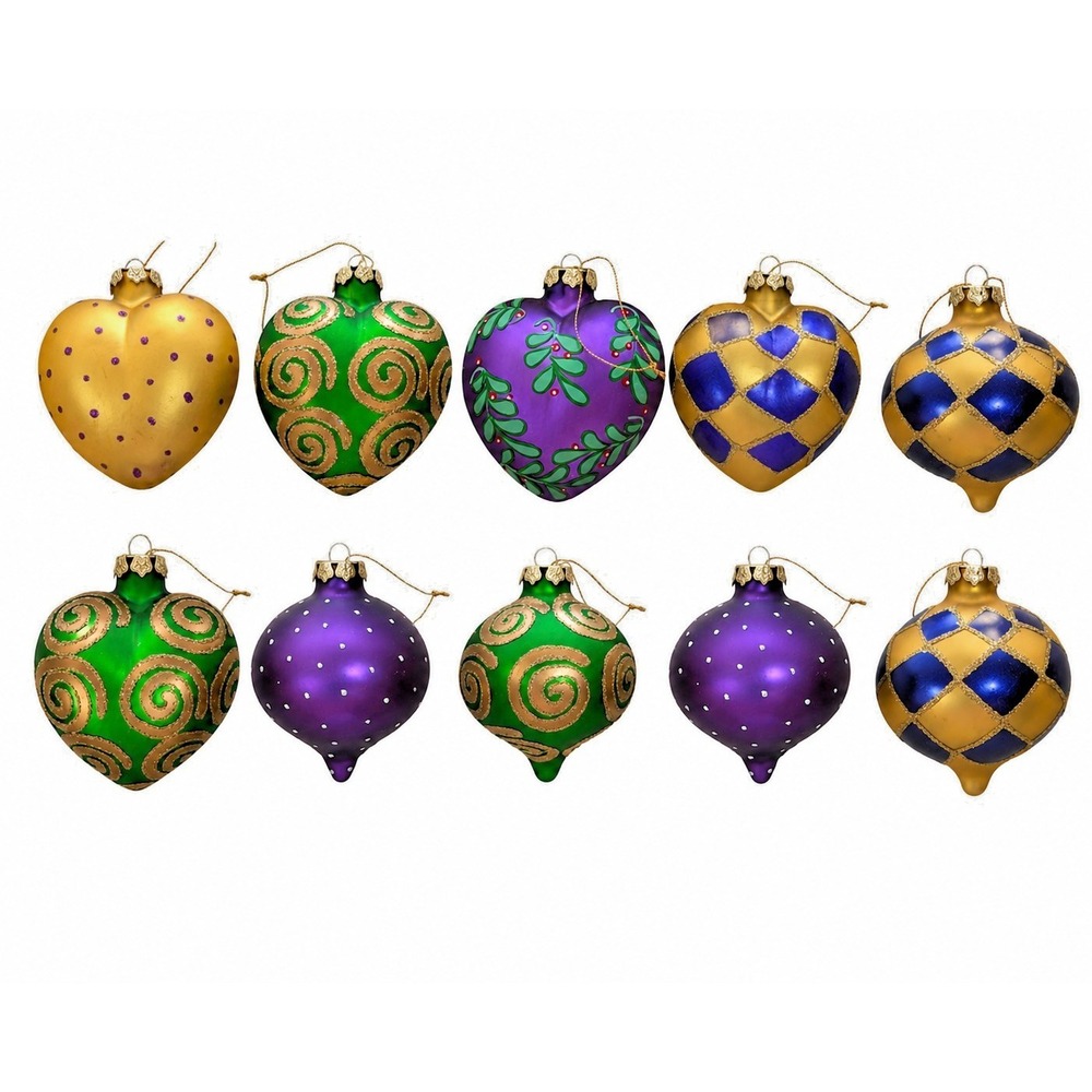 Vtg‎ Glass Christmas Ornaments Lot of 10 Hearts and Onions Purple Green Gold 4"